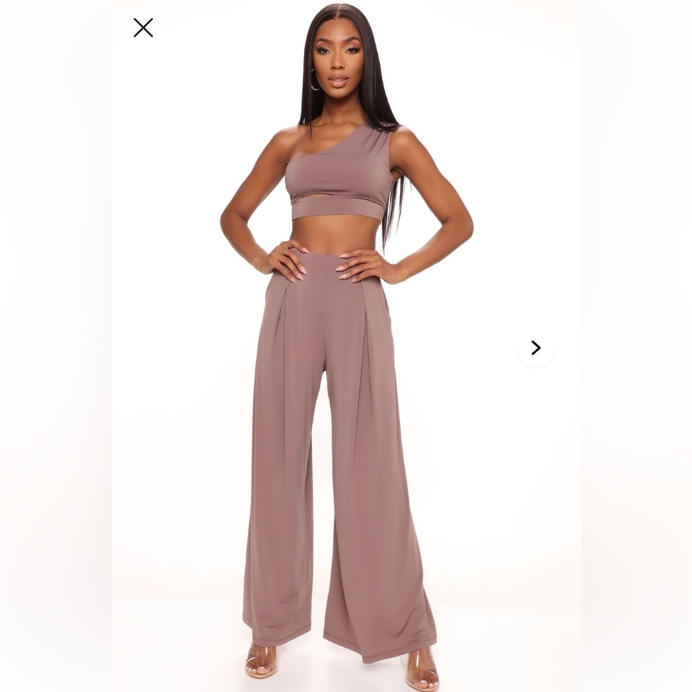 Fashion Nova Taupe Wide Leg Pants & One-Shoulder Top Set